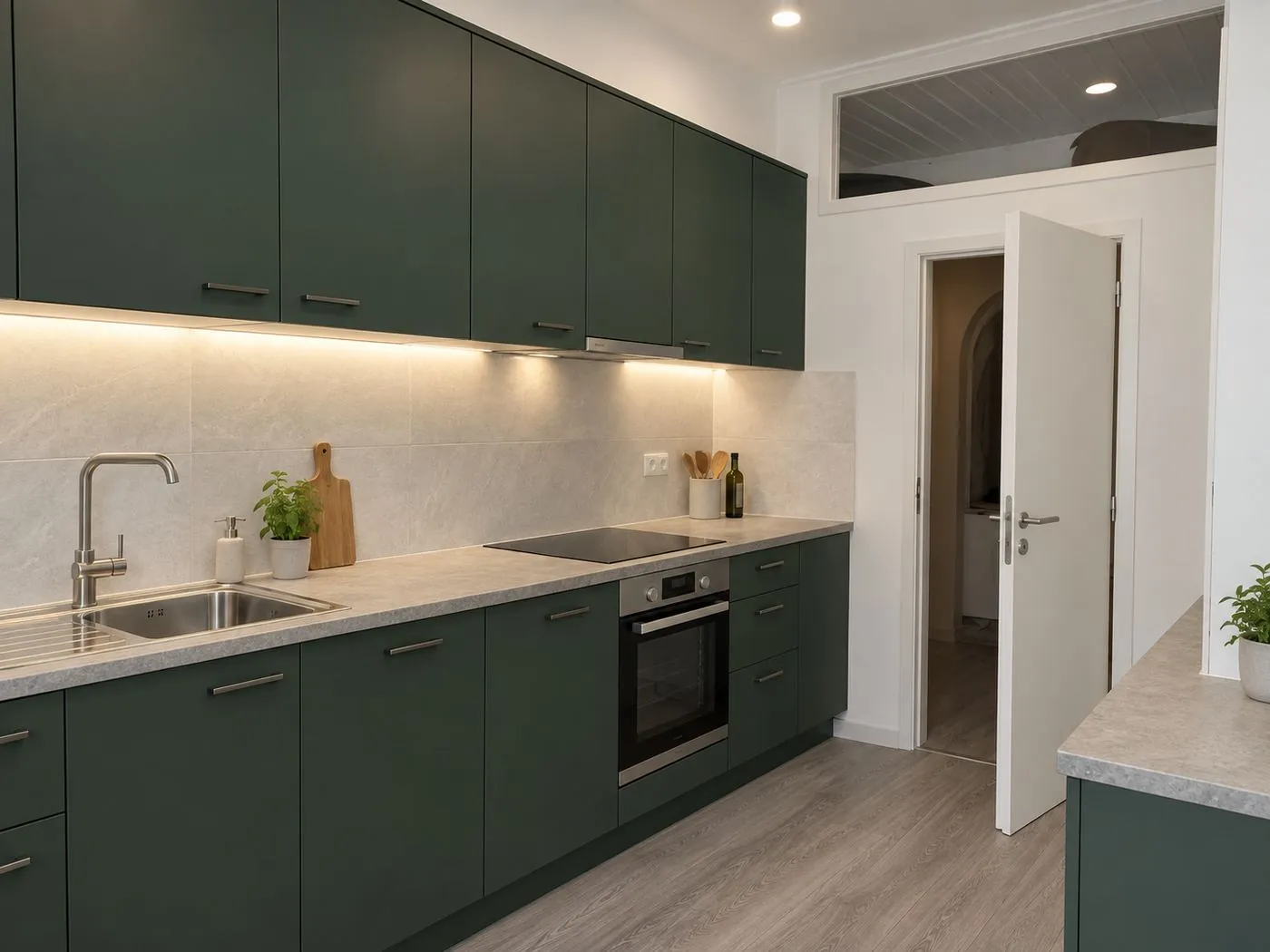 Cozinha remodelada com armários verdes — apartamento T3 em Almada