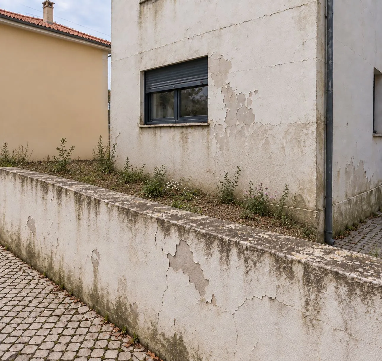 Antes — muro e fachada lateral com fissuras